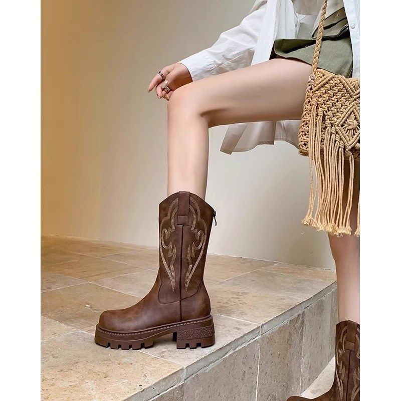 复古真皮厚底刺绣西部牛仔靴小个子川西旅游中筒靴女马丁靴子夏季,女鞋,西部靴,淘宝优惠券,粉丝福利购,淘宝优惠卷