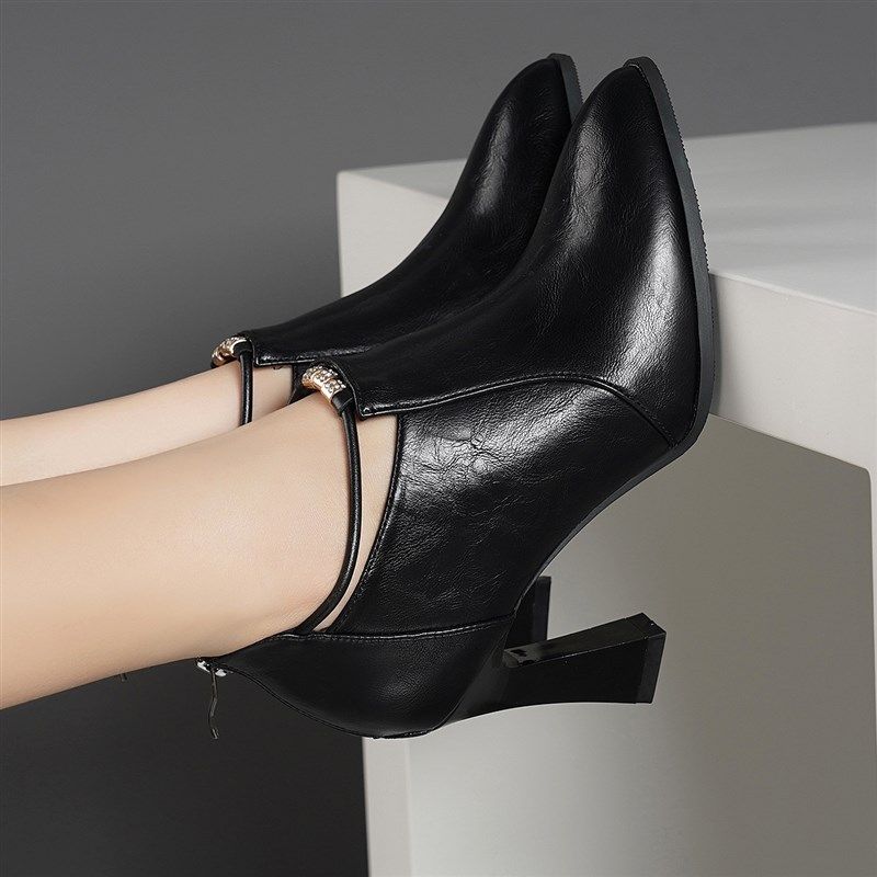 2025真皮秋冬季新款尖头简约粗跟高跟百搭不累脚深口小众气质单鞋,女鞋,深口单鞋,淘宝优惠券,粉丝福利购,淘宝优惠卷