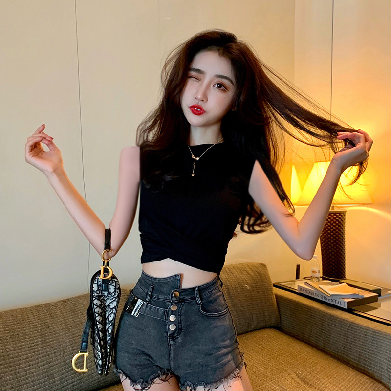 吊带背心女夏季外穿圆领下摆褶皱纯棉内搭短款高腰露脐无袖上衣潮