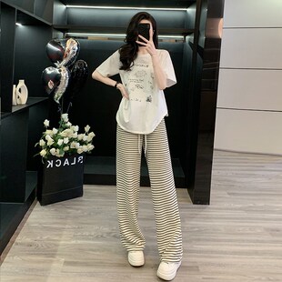韩版慵懒风休闲运动套装女夏季减龄宽松白色短袖条纹阔腿裤两件套