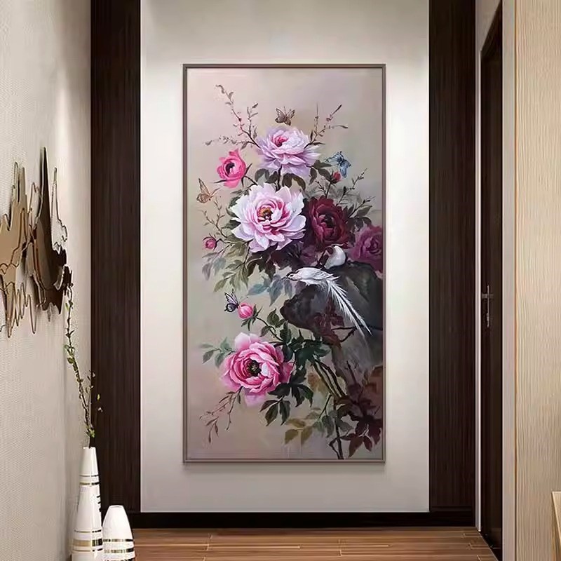 大芬村手绘油画入户玄关装饰画牡丹花开富贵P新中式客厅餐厅挂画图片