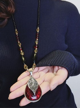 民族风复古佛珠毛衣链红色水滴树叶吊坠女长款配饰项链衣服挂件夏