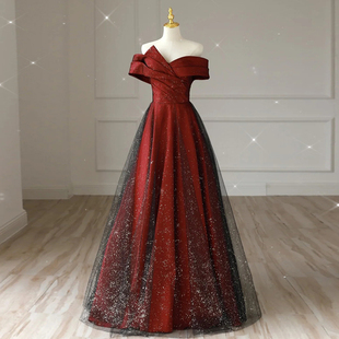 订婚裙礼服女大气 法式 一字肩敬酒服2023新款 新娘红色婚纱新婚便装