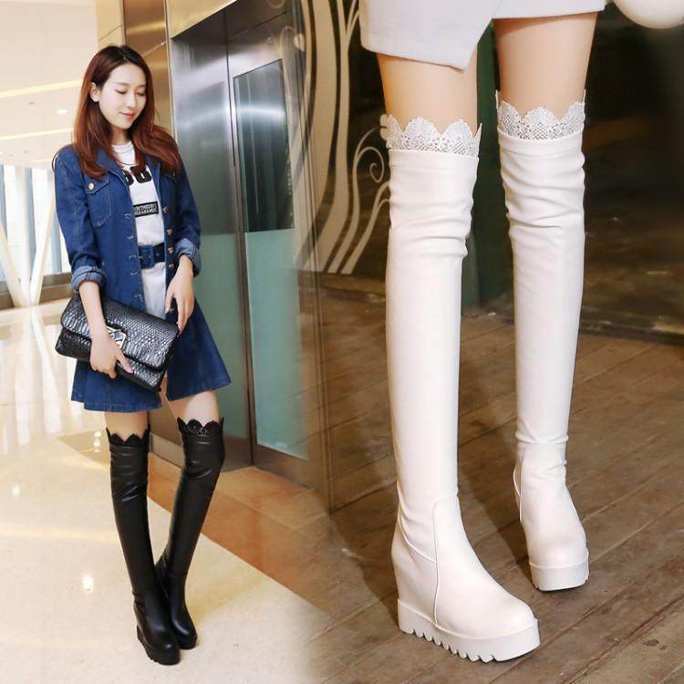 秋冬季新款平底蕾丝边白色过膝长靴子坡跟加绒女高筒靴棉鞋棉靴,女鞋,时装靴,淘宝优惠券,粉丝福利购,淘宝优惠卷