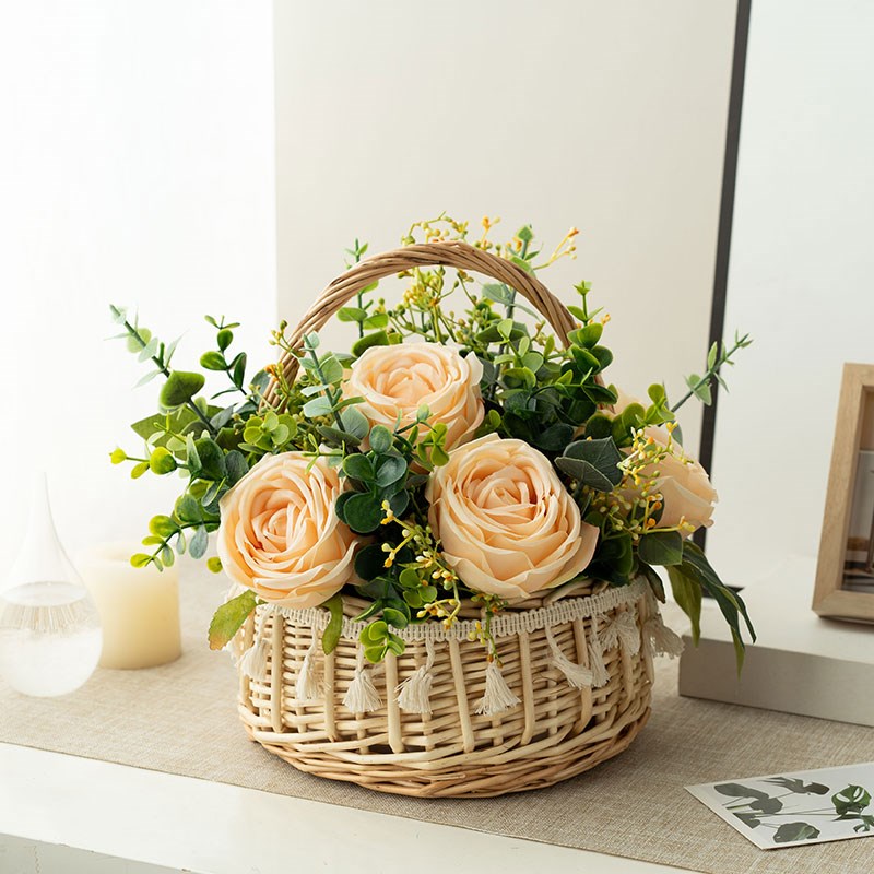 田园风手工编织花篮仿真花玫瑰假花圆形尤加利叶绿植装饰摆件礼盒