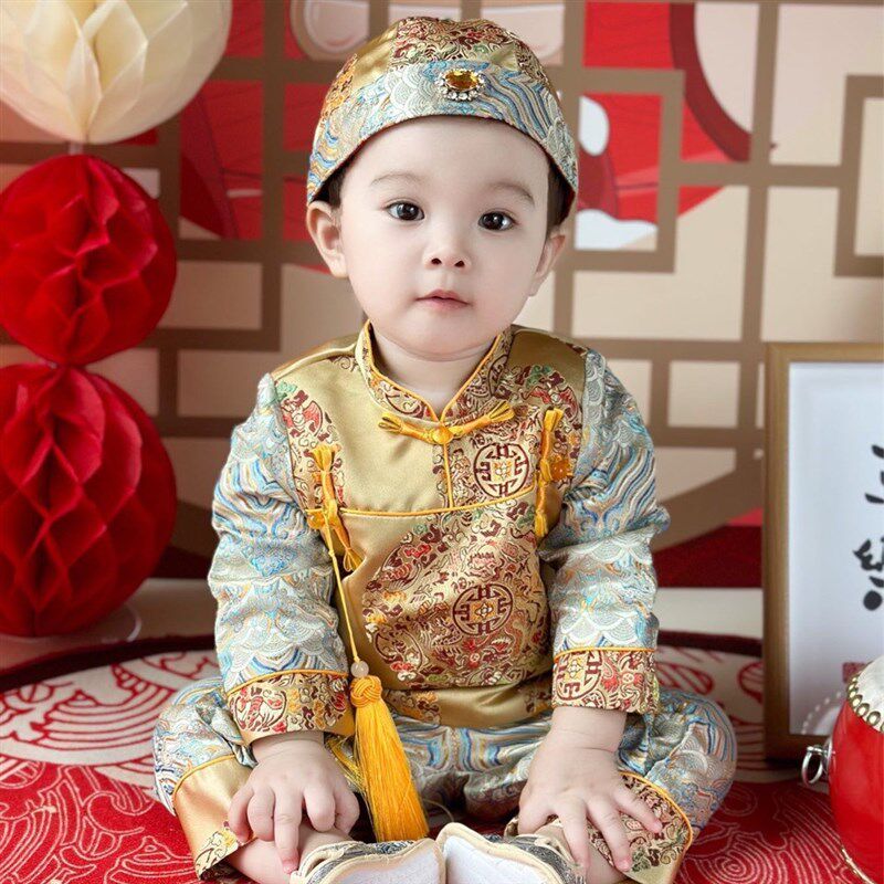 宝宝周岁礼服男春季唐装中式套装抓周唐装婴儿一周岁冠衣2024古装