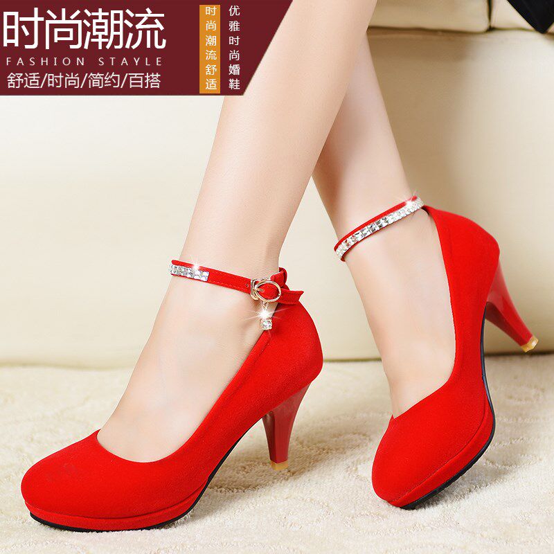 女单鞋 韩版新款秋季新娘鞋防水台圆头休闲百搭大红色婚鞋 女鞋子