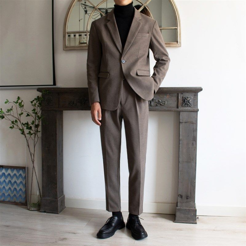 秋冬加厚毛呢外套休闲西装男套装韩版潮短款呢子男士西服上衣正装