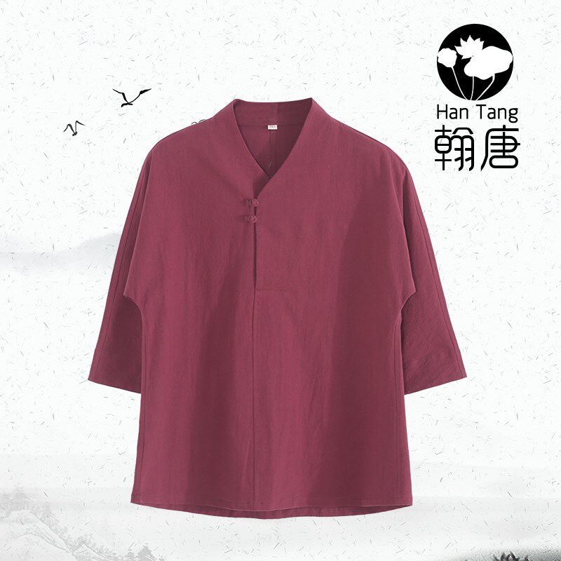夏季中国风改良中式唐装男棉麻短袖青年七分连肩袖男女情侣款汉服