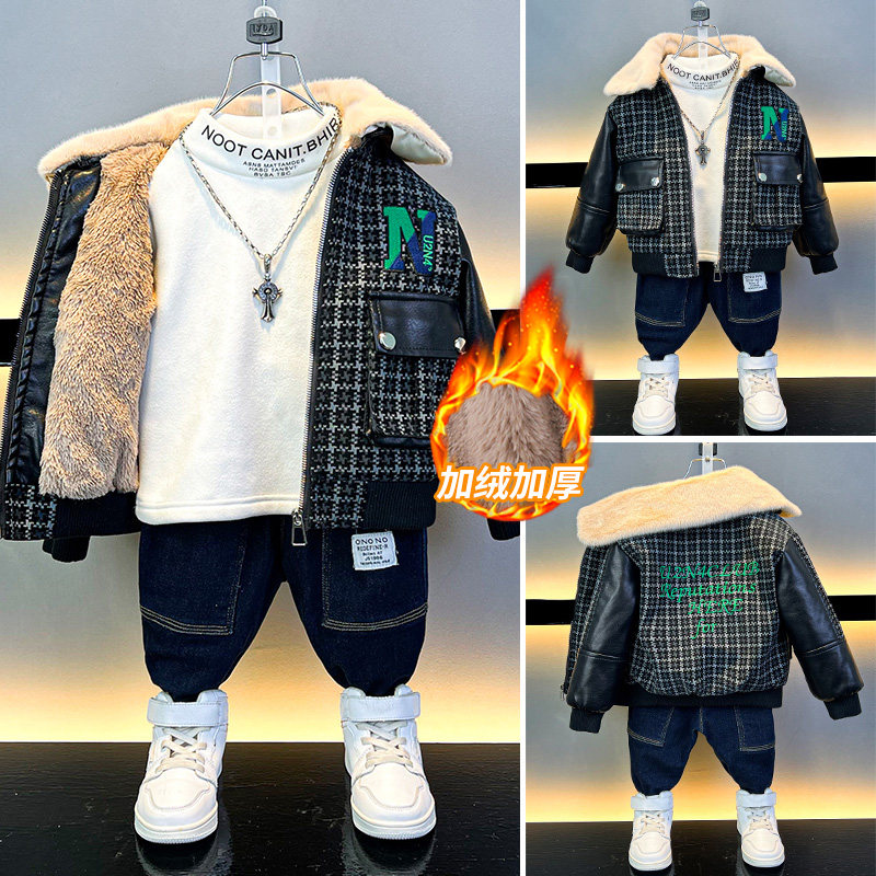 童装男宝宝洋派加绒加厚皮衣夹克秋冬款小孩童休闲保暖机车服外套