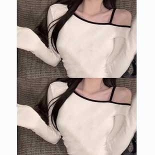 辣妹斜肩长袖 修身 设计感小众辣妹打底衫 白色上衣 T恤女2023年秋季