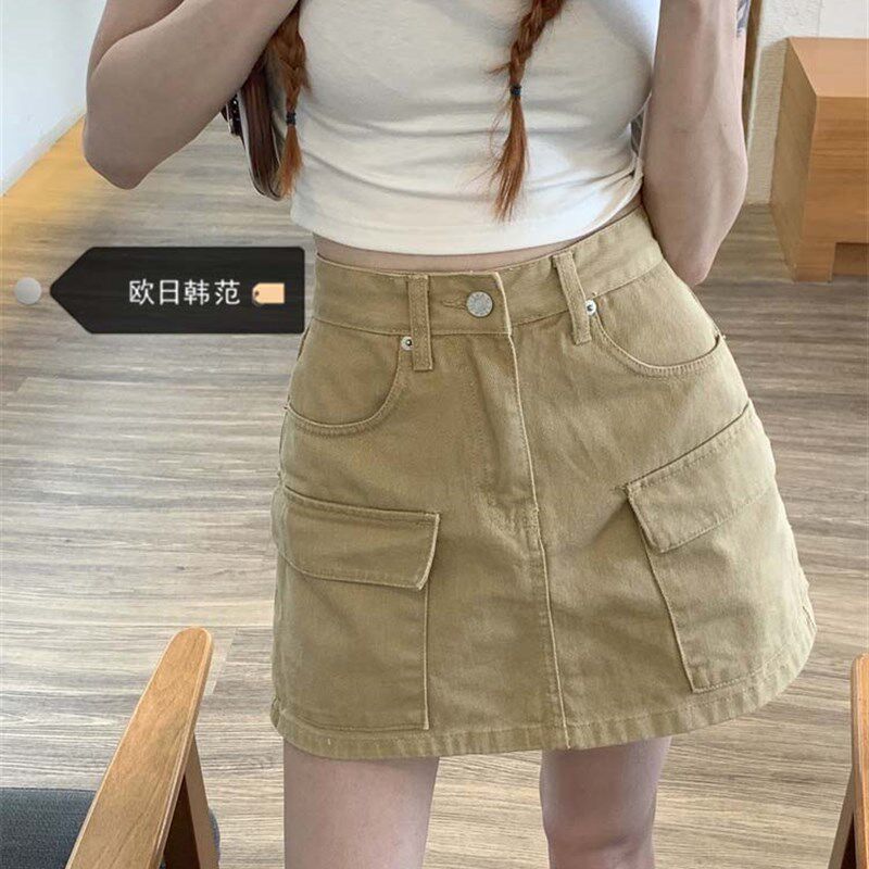 大码卡其色高腰工装牛仔半身裙女夏季短款显瘦a字包臀裙裤短裙子