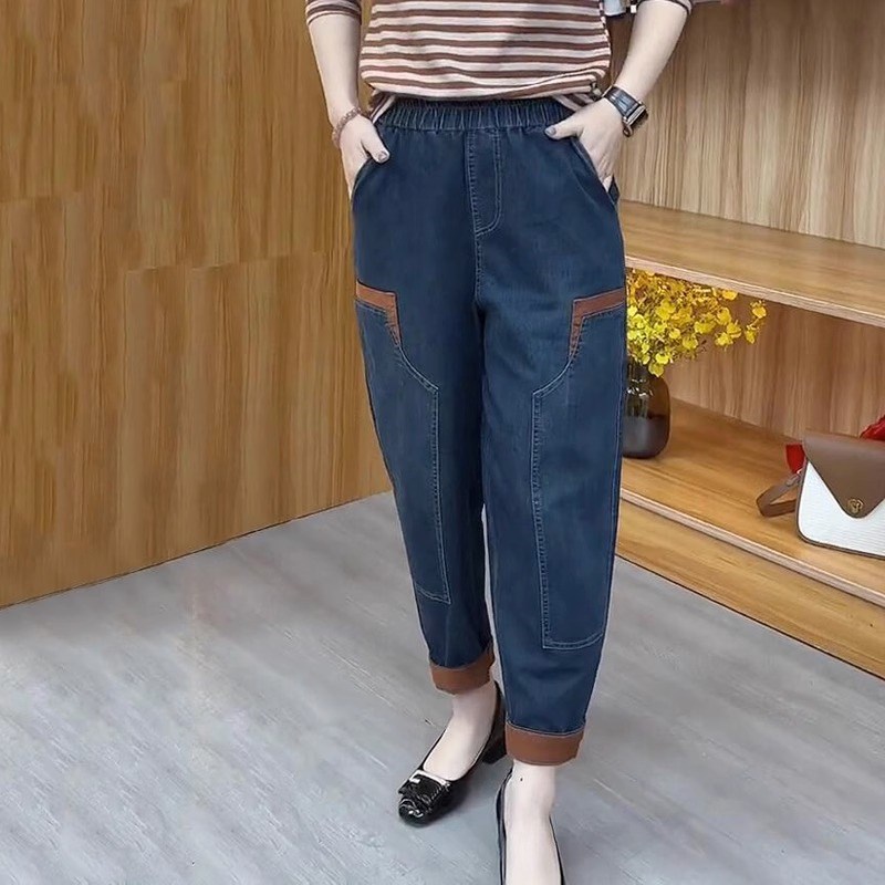 中年妈妈哈伦牛仔裤女秋季2024新款大码宽松高腰九分萝卜老爹裤子