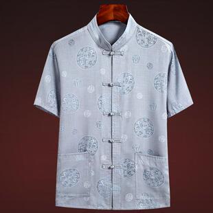 唐装男中老年人复古风亚麻爸爸夏装棉麻爷爷父亲休闲衣服套装生日