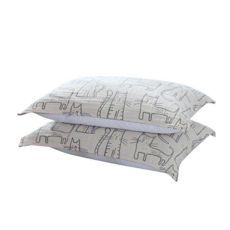 2022全棉枕巾纯棉一对装卡通猫咪柔软透气防头P油四层纱布枕头垫