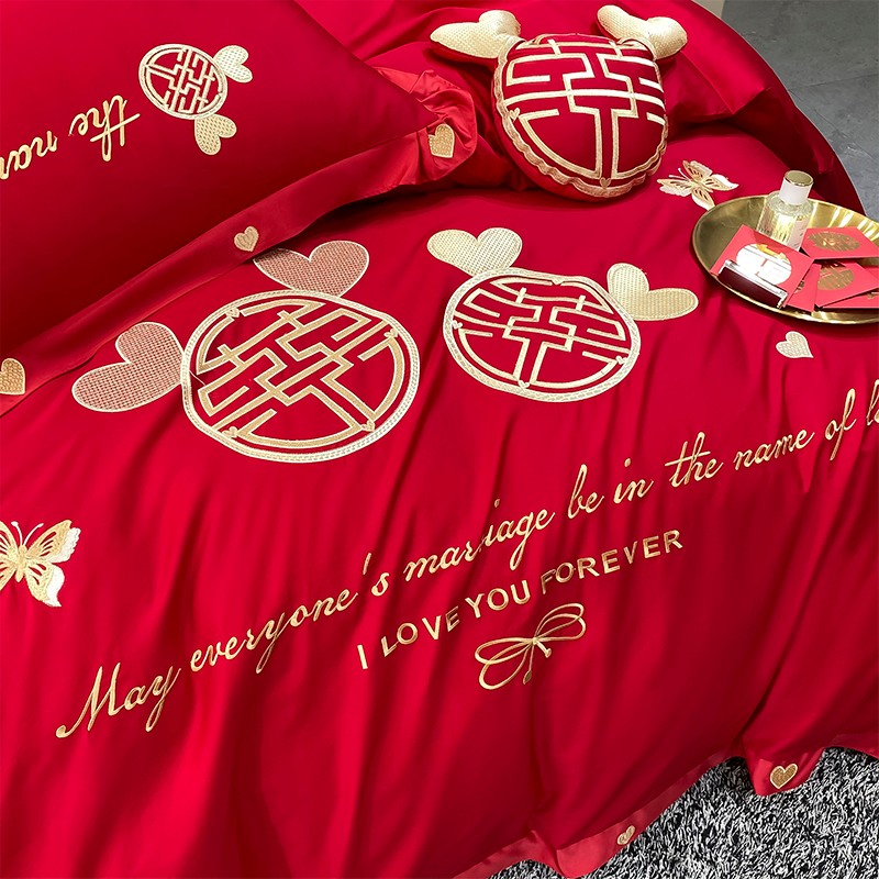 新婚喜庆刺绣e结婚床上四件套大红全棉纯棉婚庆床单被套1.8m六件