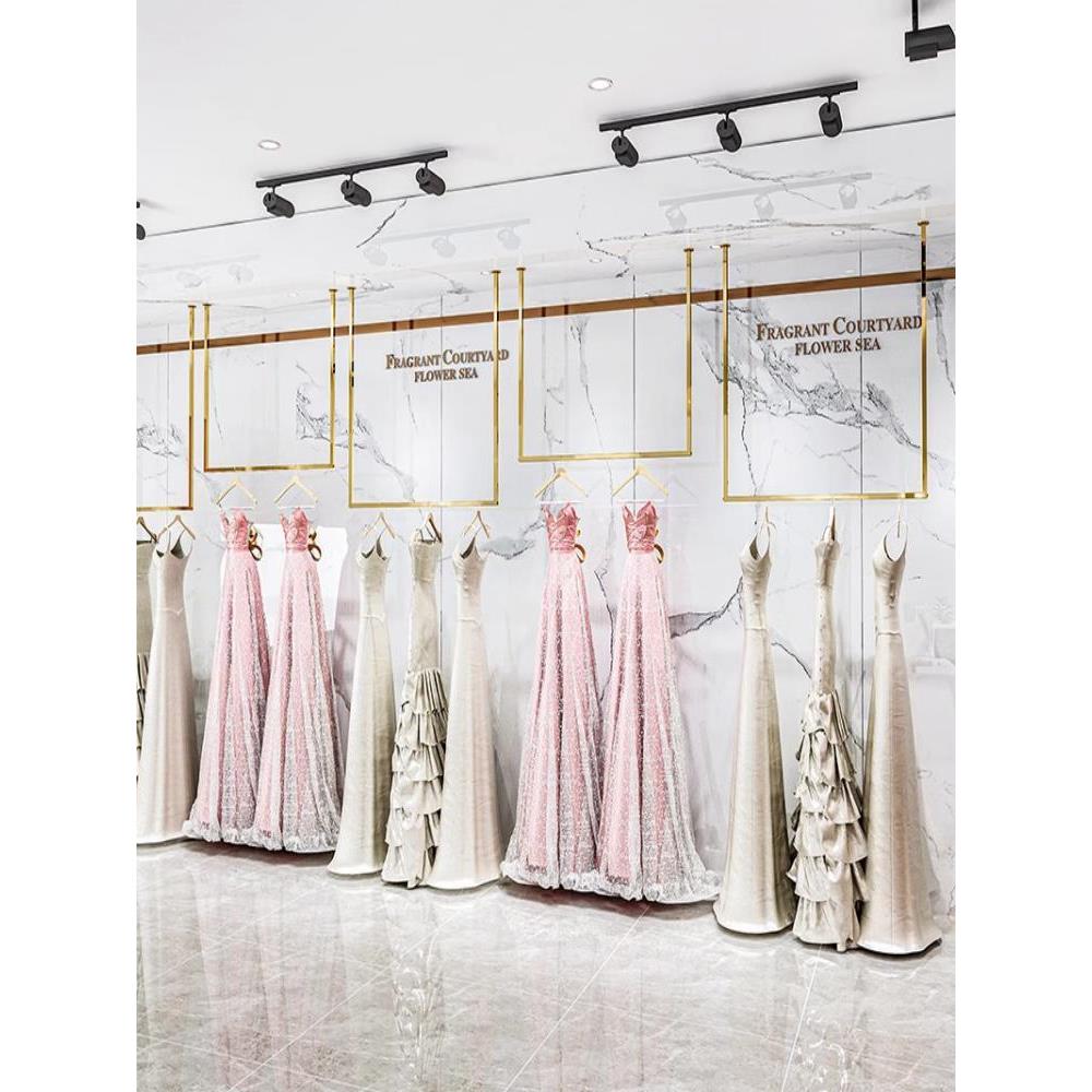 不锈钢拉丝婚纱吊架钛金影楼礼服展示架女装店铺吊顶悬挂衣架上墙