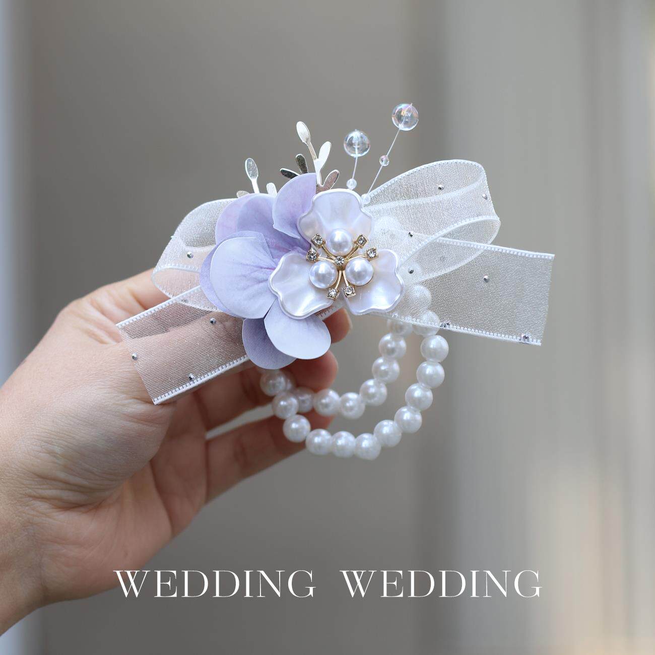 超级仙女伴娘手腕花姐妹婚礼美丽的新娘手花婚礼珍珠手镯丝绸纱布