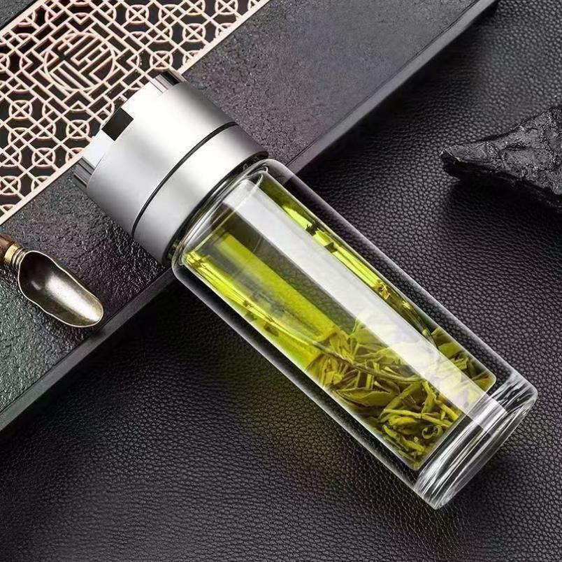 2024新款一键开盖双层玻璃杯隔热防烫水杯子按压速开盖茶杯车载