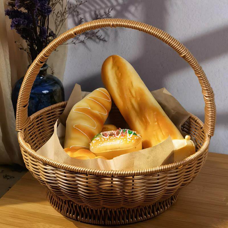 塑料彷藤购物篮野餐篮子买 菜洗澡筐圆形提菜篓子编织收纳筐彷藤