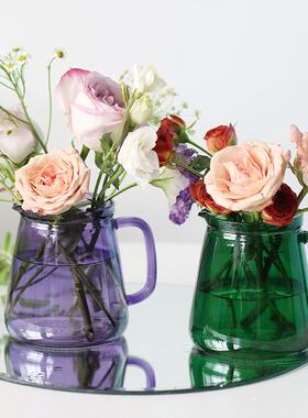 新家的一百个快递紫色玻璃小花瓶轻奢复古创意绿色把手水培插花器