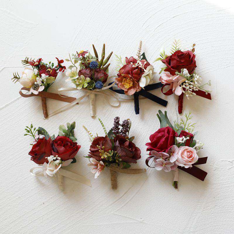 酒红色仿真玫瑰新娘伴娘手腕花新郎伴郎父亲母亲开业会议胸花婚礼