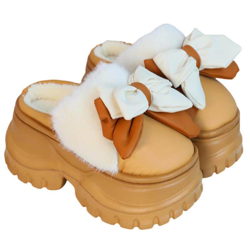 棉拖鞋女冬时尚蝴蝶结高跟居家毛绒棉拖防滑厚底外穿保暖月子拖鞋