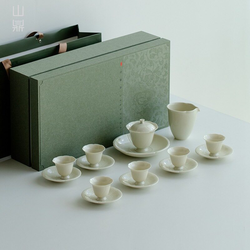 稀缺质感定窑黄水云南莲盖碗套装茶杯杯垫公杯陶瓷茶具家用仿古功