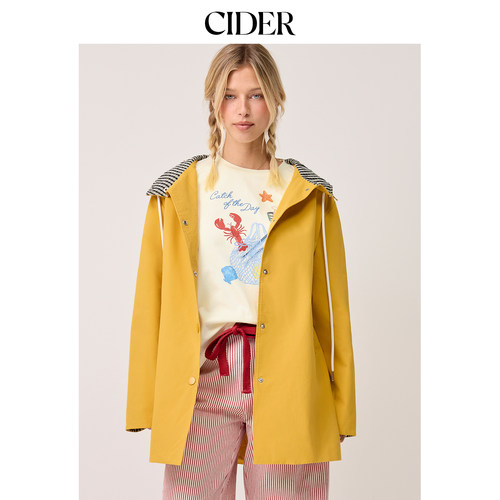 CIDER春秋女装双色棉格子连帽束带宽松风衣114843403