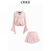 114764160 上衣配褶皱半身裙套装 CIDER蕾丝V领短款 泡泡袖
