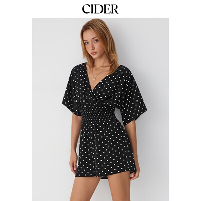 CIDER2026夏季新品波点V领斗篷袖裹身松紧腰宽松连体裤115525415