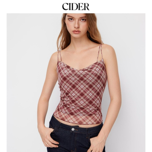 背心吊带上衣114766912 CIDER格纹荡领蕾丝边拼接夏无袖