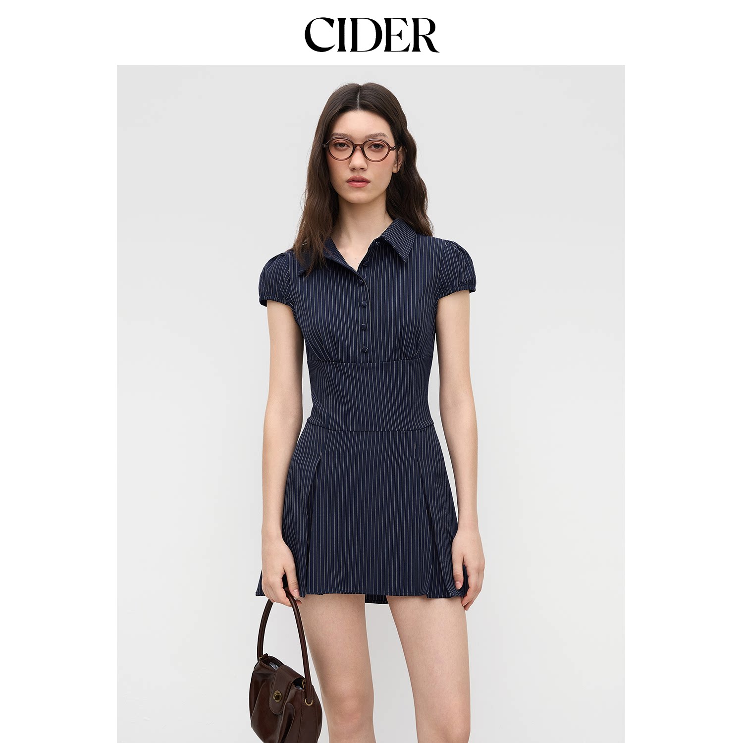 【明星同款】CIDER美式翻领条纹百褶短袖衬衫式连衣裙114514869