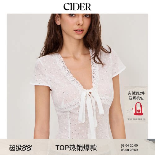 CIDER纯棉V领英式刺绣蝴蝶结衬衫