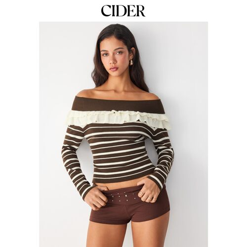 CIDER2026秋季新品针织羊毛混纺条纹露肩荷叶边长袖上衣115719741