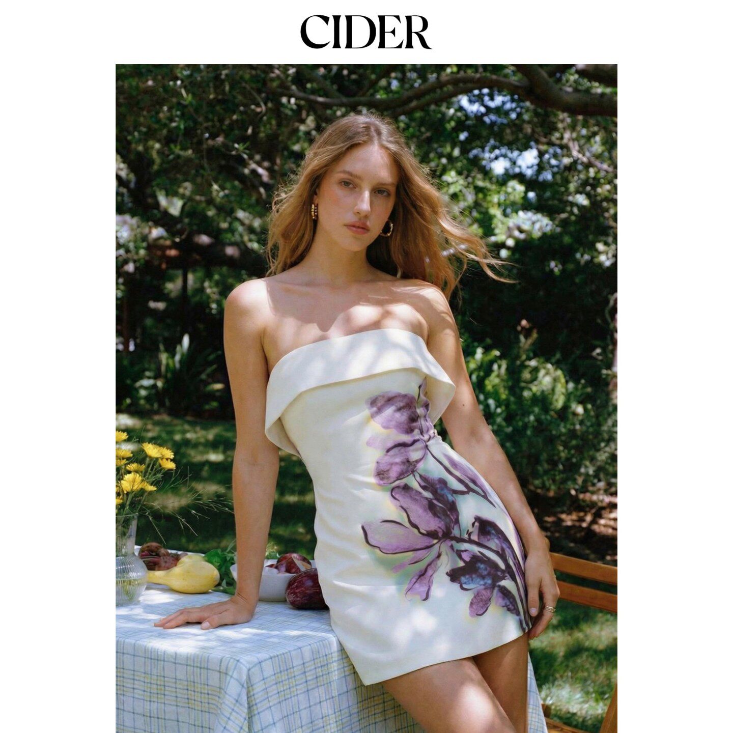 CIDER2026春季新品缎面碎花无肩带A字迷你连衣裙115277440