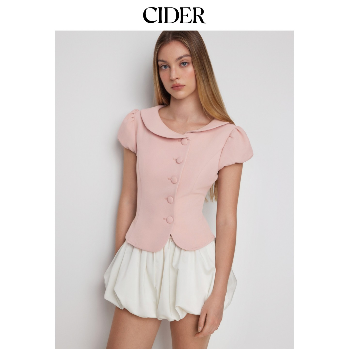 CIDER2026春季新品泡泡袖彼得潘翻领纽扣前开上衣115363782