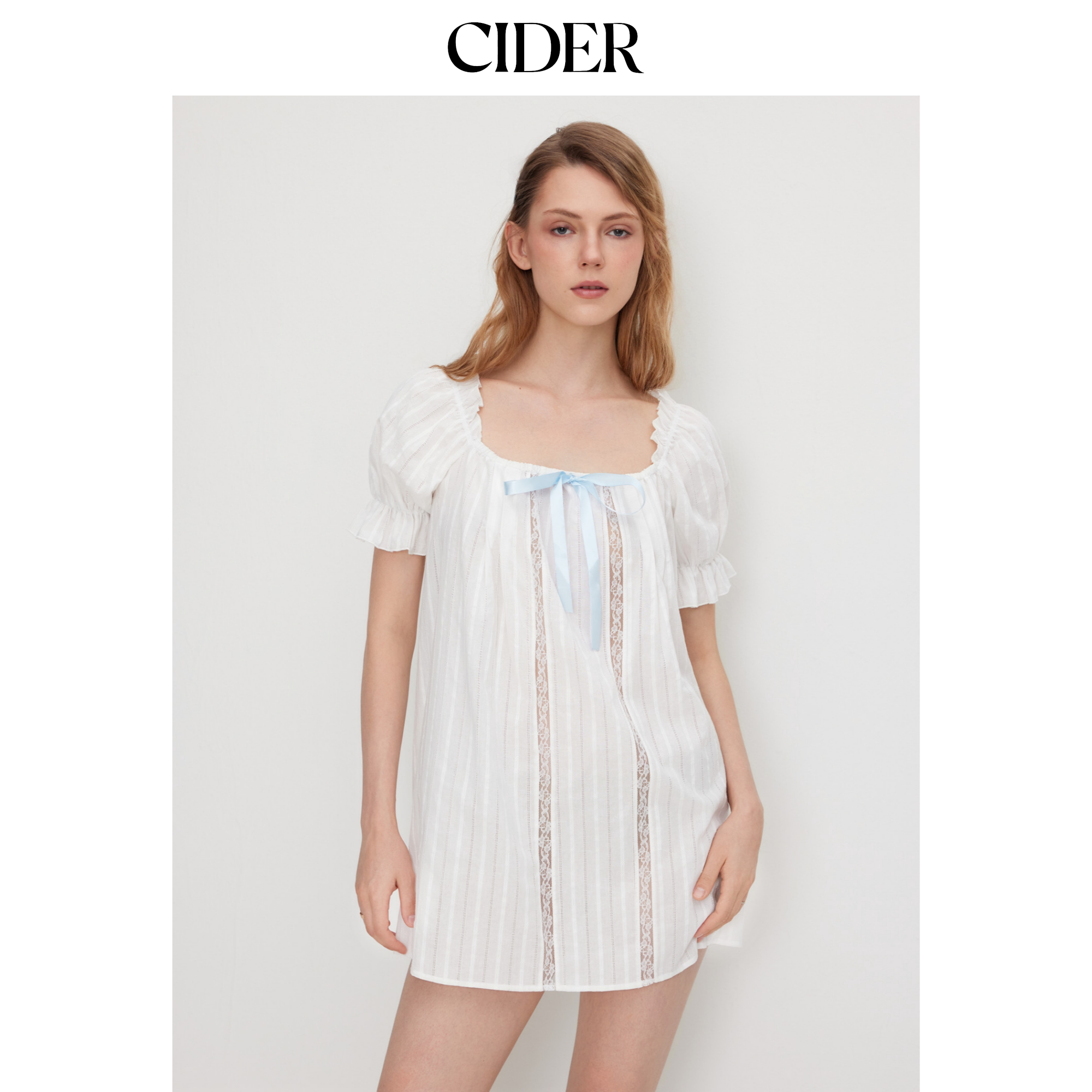 CIDER棉U领蝴蝶结荷叶边泡泡袖迷你睡裙女装114619131