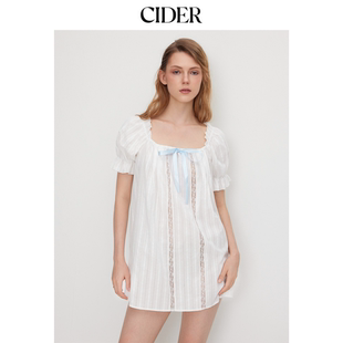 CIDER棉U领蝴蝶结荷叶边泡泡袖 114619131 迷你睡裙女装