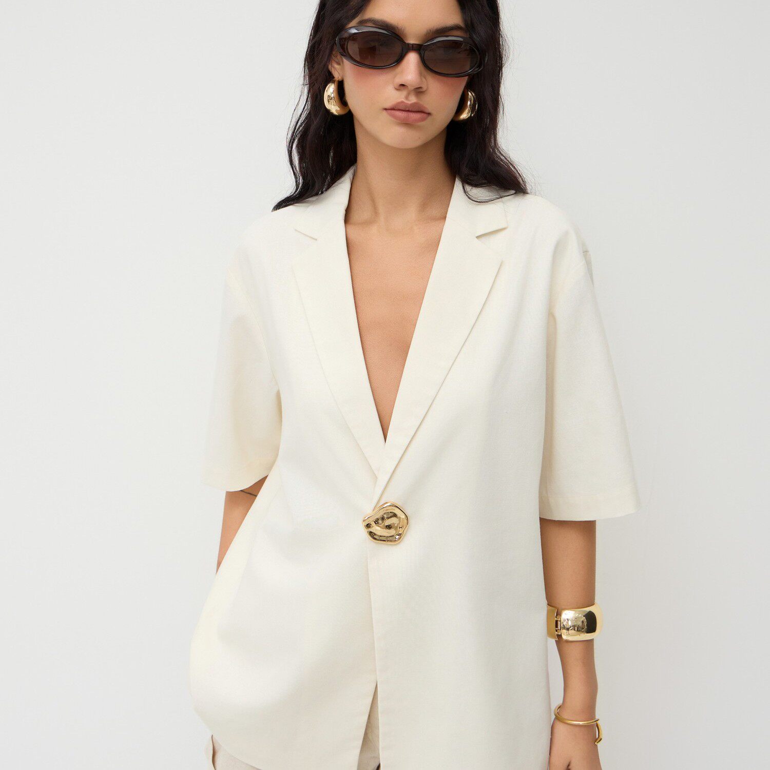 CIDER亚麻混纺翻领短袖廓形西服金属纽扣宽松西装外套 1147