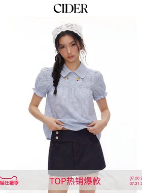 春季美式格纹泡泡袖宽松上衣
