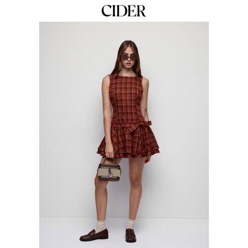 CIDER2026秋季新品格纹一字领蝴蝶结A字迷你连衣裙115621147