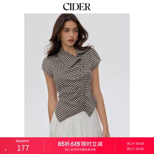 CIDER格纹泡泡袖抽褶不对称下摆上衣115197489