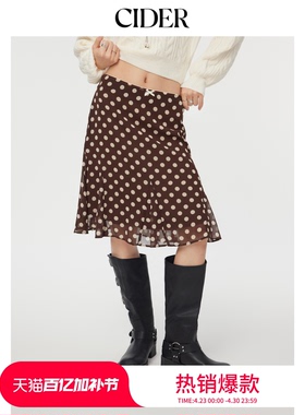 CIDER蕾丝蝴蝶结设计感鱼尾半裙美式复古波点半身裙114367943