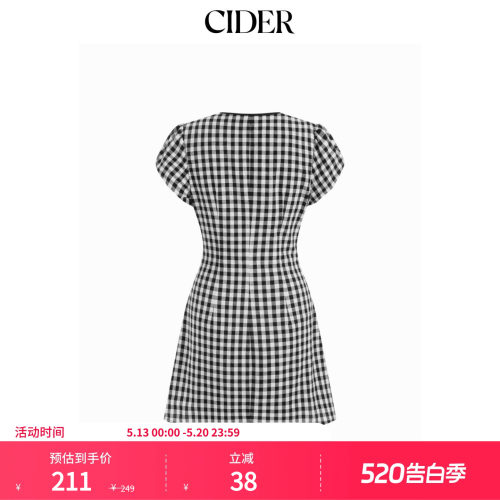 CIDER2026春季新品棉质V领泡泡袖系带格纹A字迷你连衣裙115361268