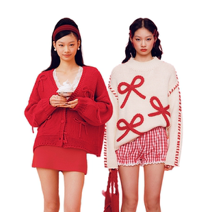 【穿衣自由 多尺码专场】CIDER红色V领蝴蝶结开衫/白色蝴蝶结毛衣