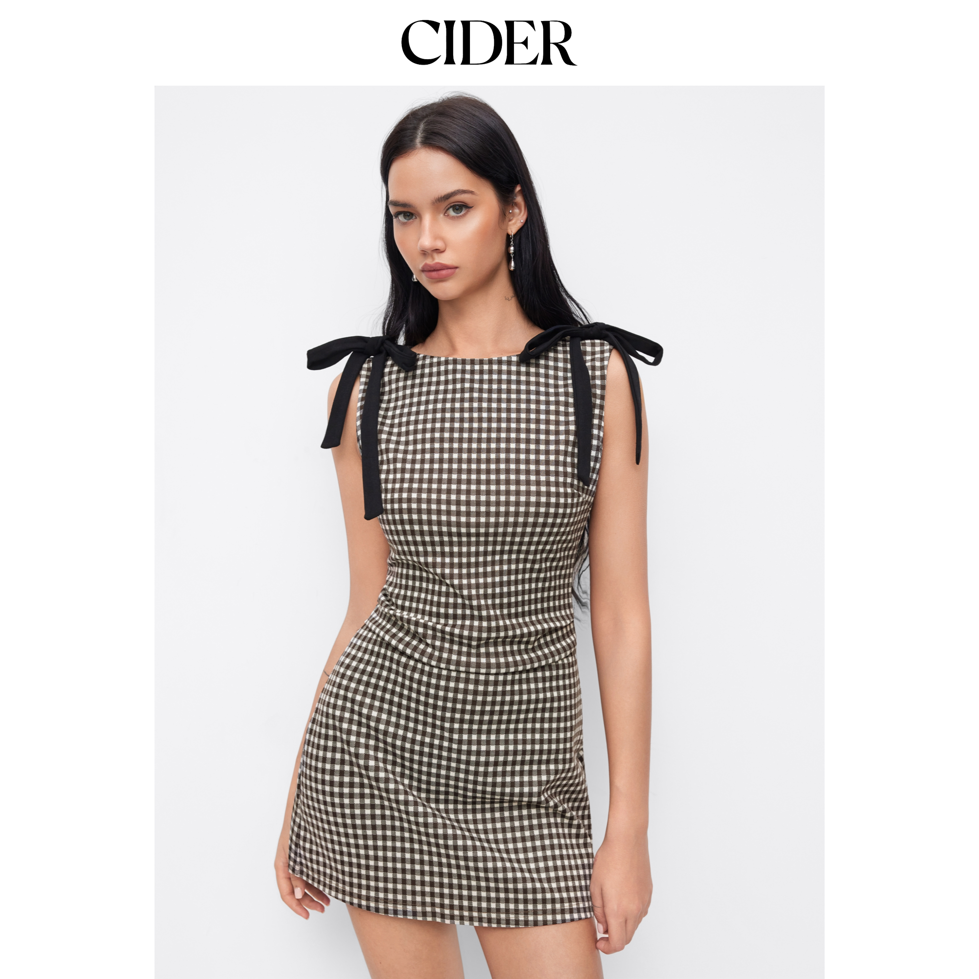 CIDER格子裙蝴蝶结圆领设计无袖背心连衣裙114978033