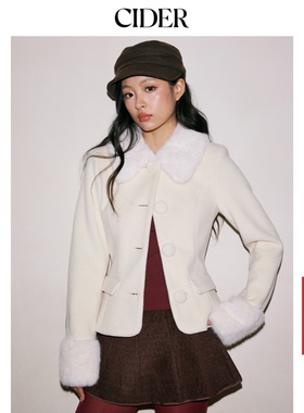 CIDER新年穿搭仿羊毛翻领长袖纽扣白色夹克毛边大衣外套115005011