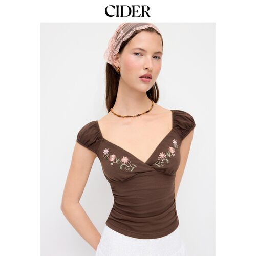 CIDER2026春季新品棉质混纺V领碎花刺绣泡泡袖上衣115273068