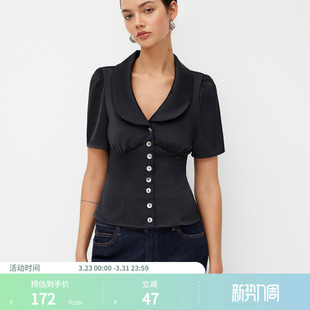 上衣114721208 显瘦短袖 CIDER缎面质感翻领衬衫 女修身